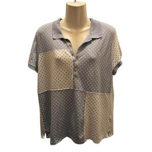 LAUREN Ralph Lauren Polka Dot Patchwork Polo Shirt XL TG Blue‎ Tan Gold Buttons